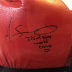 Iconsofboxing.com Amanda Serrano Rare Autographed Signed Rival Red/BLK Horizontal Boxing Gloves Display.