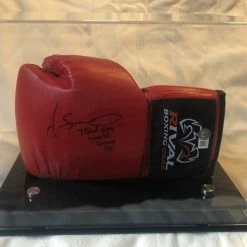 Iconsofboxing.com Amanda Serrano Rare Autographed Signed Rival Red/BLK Horizontal Boxing Gloves Display.