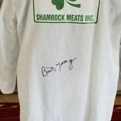 Iconsofboxing.com FEATURED Burt Young Signed Shamrock Meats Butcher Coat Paulie Rocky Coa