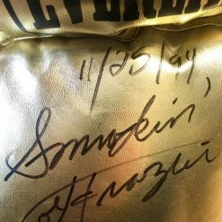 Iconsofboxing.com Cassius Clay And Smokin' Joe Frazier Super Rare Autographed 22 Inch Size Charity Everlast Gold Boxing Glove TOP FIGHTERS