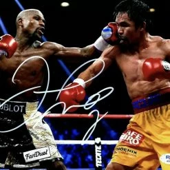 Iconsofboxing.com Floyd Mayweather Autographed/Signed 8x10 Pacquiao Photo PSA Signed In Silver TOP FIGHTERS