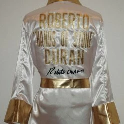 Iconsofboxing.com TOP FIGHTERS Roberto Duran Custom Boxing Robe Autographed In Black Signature Dual Certified