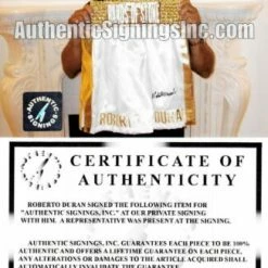 Iconsofboxing.com Roberto Duran Hands Of Stone Autographed White Boxing Trunks ASI Proof