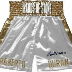 Iconsofboxing.com TOP FIGHTERS Roberto Duran Hands Of Stone Autographed White Boxing Trunks ASI Proof