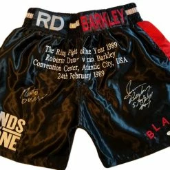 Iconsofboxing.com TOP FIGHTERS Roberto Duran Vs Iran Barkley Custom Boxing Trunks Autographed In Silver Signature