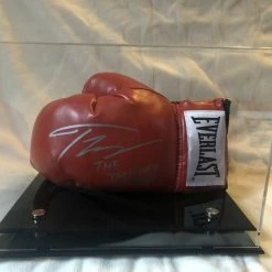 Iconsofboxing.com Teofimo Lopez Autographed Signed Everlast Red/Silver Horizontal Boxing Gloves Display.