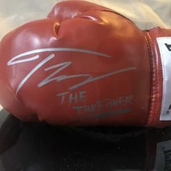 Iconsofboxing.com Teofimo Lopez Autographed Signed Everlast Red/Silver Horizontal Boxing Gloves Display.