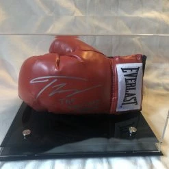 Iconsofboxing.com Teofimo Lopez Autographed Signed Everlast Red/Silver Horizontal Boxing Gloves Display.