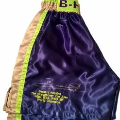 Iconsofboxing.com BOXING MEMORABILIA Bernard Hopkins Silver Autographed Custom Made Green/purple Boxing Trunks