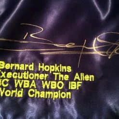 Iconsofboxing.com BOXING MEMORABILIA Bernard Hopkins Silver Autographed Custom Made Green/purple Boxing Trunks