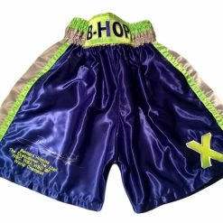 Iconsofboxing.com BOXING MEMORABILIA Bernard Hopkins Silver Autographed Custom Made Green/purple Boxing Trunks
