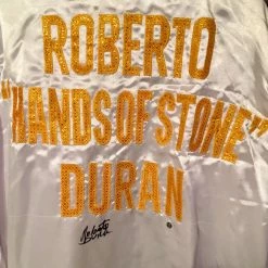 Iconsofboxing.com Roberto Duran Custom Boxing Robe Autographed In Black Signature Dual Certified TOP FIGHTERS