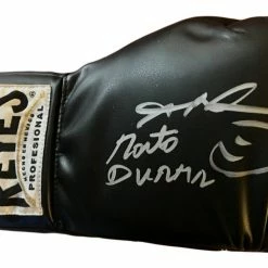 Iconsofboxing.com Sugar Ray Leonard And Roberto Duran Dual Autographed Reyes Black Boxing Glove In Silver
