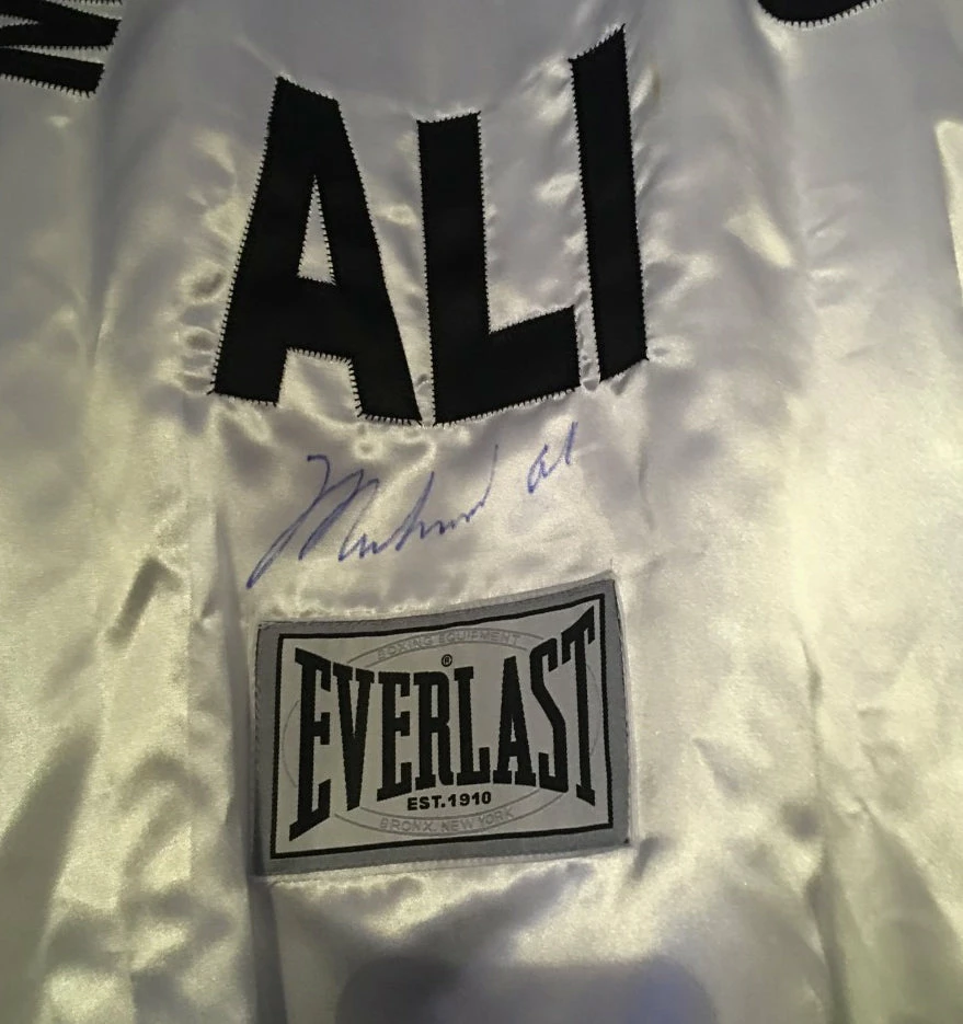 Iconsofboxing.com Muhammad Ali Autographed Custom Made White Boxing Robe Signed In Blue