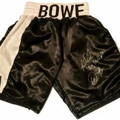 Iconsofboxing.com Riddick Bowe Autographed With Inscriptions Everlast Boxing Black Trunks