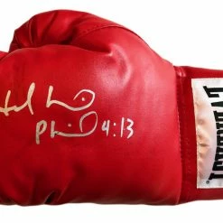 Iconsofboxing.com BOXING MEMORABILIA Evander Holyfield Autographed Red Everlast Boxing Glove In Silver