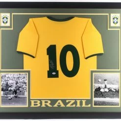Iconsofboxing.com Pele Signed Brazil 35" X 43" Custom Framed Jersey (PSA COA) BOXING MEMORABILIA
