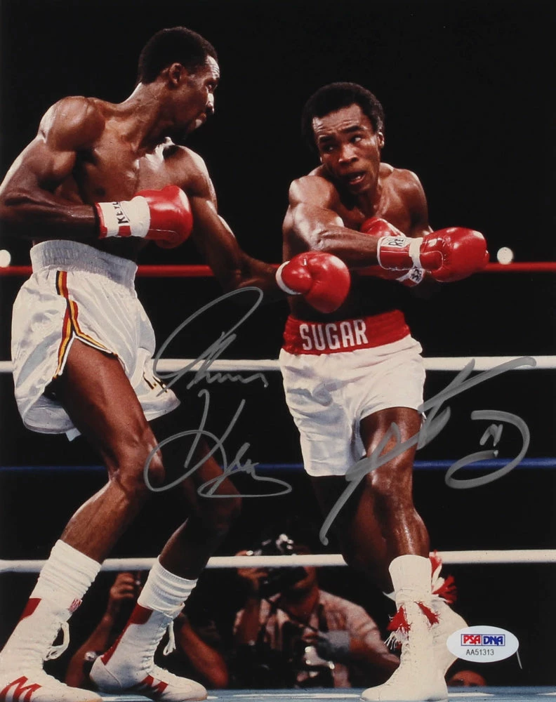 Iconsofboxing.com BOXING MEMORABILIA Sugar Ray Leonard & Tommy "Hitman" Hearns Signed 8x10 Photo (PSA COA)