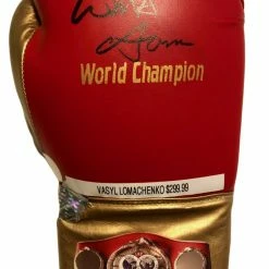 Iconsofboxing.com Vasyl Lomachenko Full Autographed Custom Red Boxing Glove In Black Signature TOP FIGHTERS