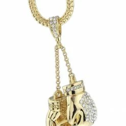 Iconsofboxing.com Boxing Gloves Iced Pendant Gold Finish Necklace 36 Inch Long Hip Hop Chain
