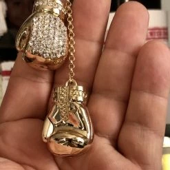 Iconsofboxing.com BOXING MEMORABILIA Boxing Gloves Iced Pendant Gold Finish Necklace 36 Inch Long Hip Hop Chain