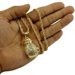 Iconsofboxing.com Boxing Gloves Iced Pendant Gold Finish Necklace 36 Inch Long Hip Hop Chain