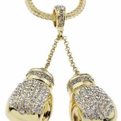 Iconsofboxing.com Boxing Gloves Iced Pendant Gold Finish Necklace 36 Inch Long Hip Hop Chain