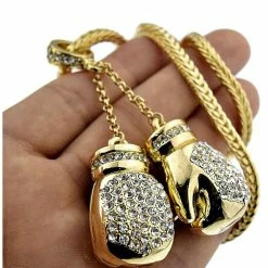 Iconsofboxing.com Boxing Gloves Iced Pendant Gold Finish Necklace 36 Inch Long Hip Hop Chain