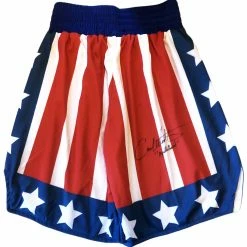 Iconsofboxing.com Carl Weathers Signed Custom Boxing Trunks Inscribed "Apollo Creed" BOXING MEMORABILIA