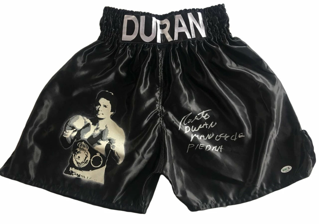 Iconsofboxing.com TOP FIGHTERS Roberto Duran Autographed Custom Painted Boxing Trunks With WBC Certification