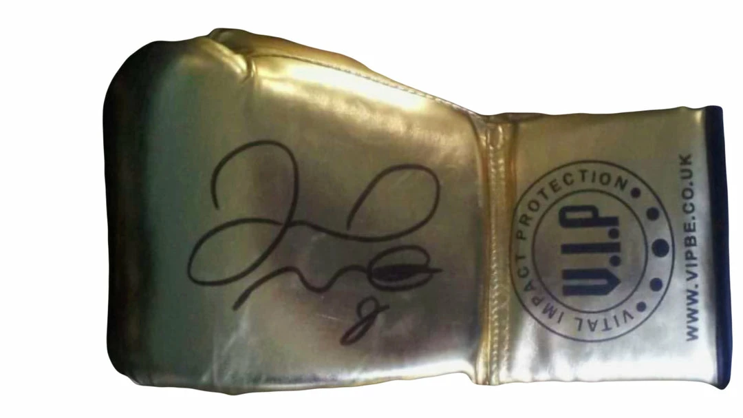 Iconsofboxing.com Floyd Mayweather Jr. Gold VIP Rare Autographed Boxing Glove With Photo Proof.