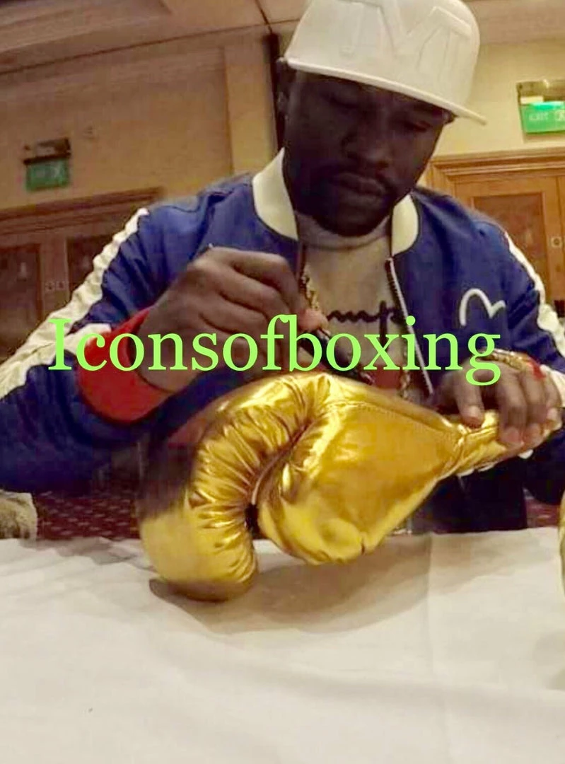 Iconsofboxing.com Floyd Mayweather Jr. Gold VIP Rare Autographed Boxing Glove With Photo Proof.