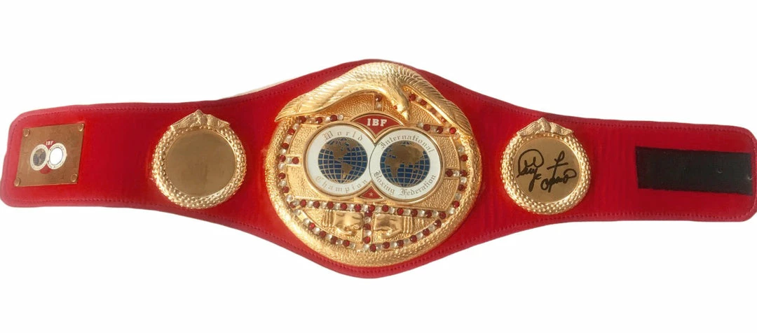 Iconsofboxing.com George Foreman Autographed IBF Championship Boxing Belt Med Size.
