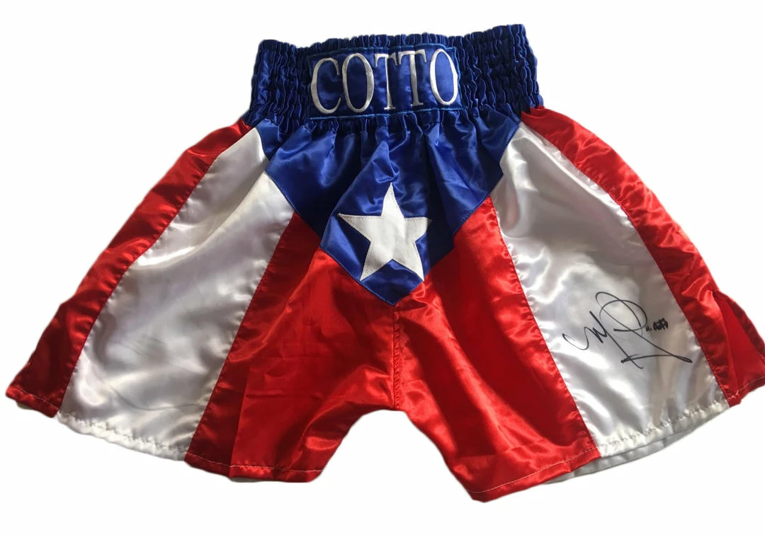 Iconsofboxing.com Miguel Cotto Signed Puerto Rico Custom Made Boxing Trunks, JSA