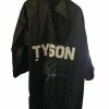 Iconsofboxing.com Mike Tyson Autographed Custom Made Black Hooded Boxing Robe Signed In Silver And JSA Certified. TOP FIGHTERS