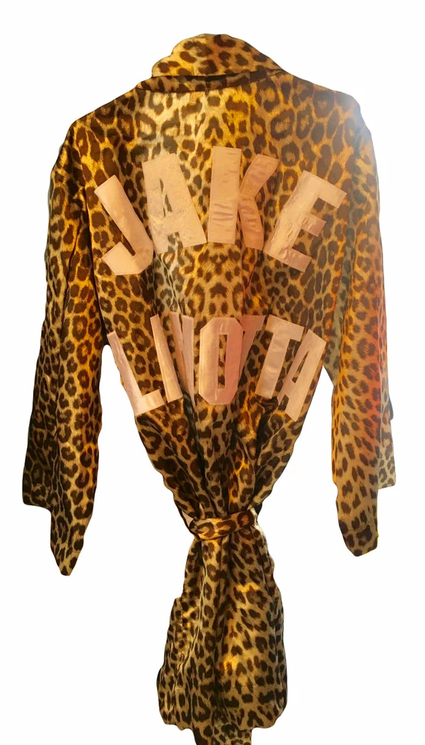 Iconsofboxing.com Autographed Jake LaMotta "The Ragging Bull" Leopard Skin Custom Print Boxing Robe BOXING MEMORABILIA