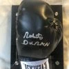 Iconsofboxing.com Roberto Duran Autographed Signed Everlast Blk/Silver Horizontal Boxing Gloves Display. TOP FIGHTERS
