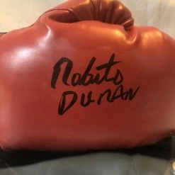 Iconsofboxing.com Roberto Duran Autographed Signed Everlast Red/Blk Horizontal Boxing Gloves Display. TOP FIGHTERS